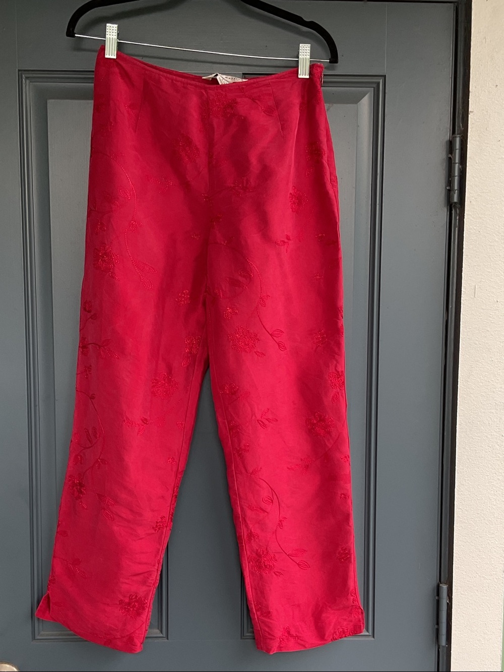 Peter Martin Silk Straight Leg Floral Embroidered Pants, Size 6